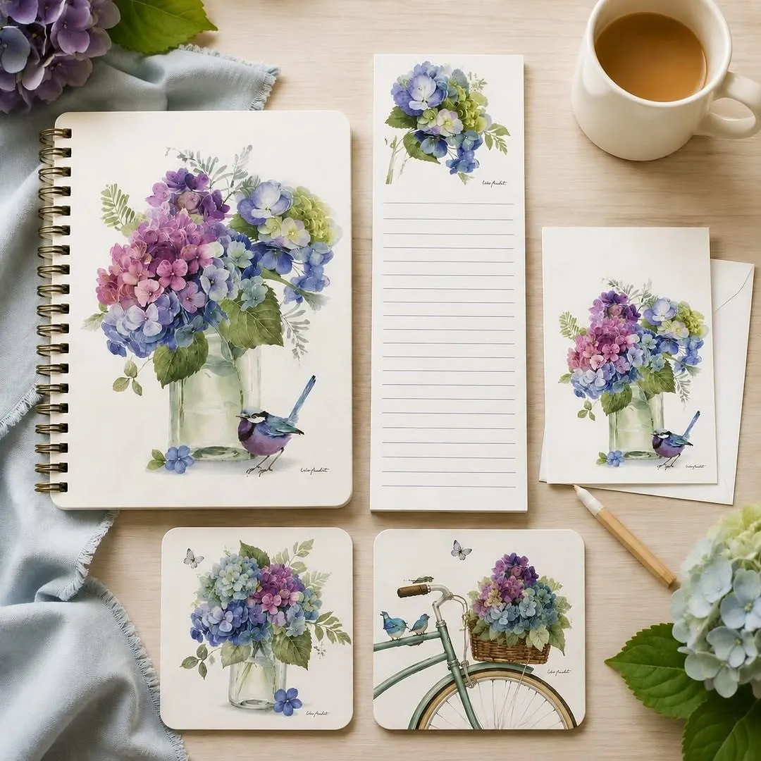 Hydrangea and bluebird set: notebook, magnetic list pad, and coasters with coffee