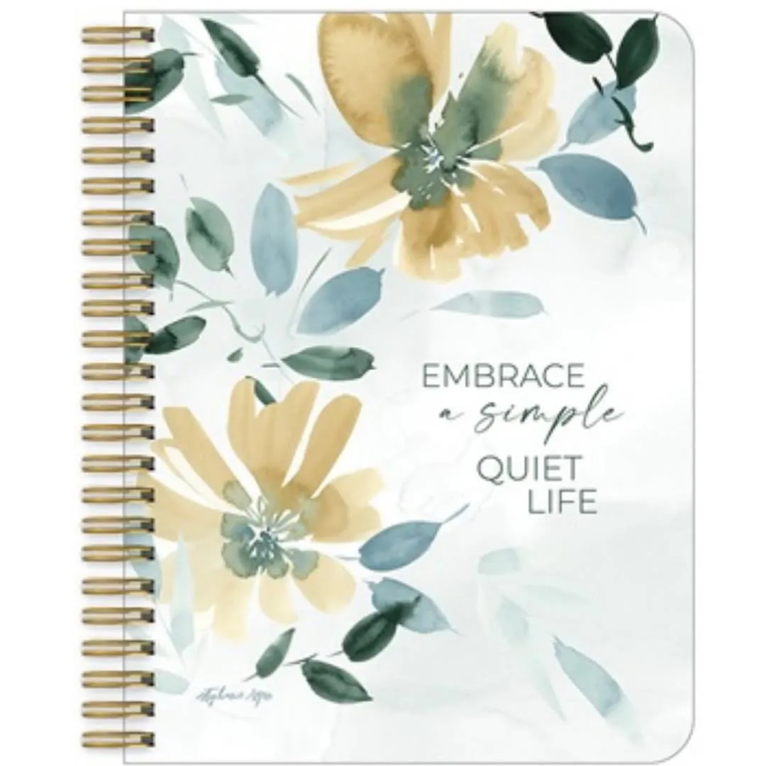 Journal cover with golden watercolour blooms reading Embrace a Simple Quiet Life