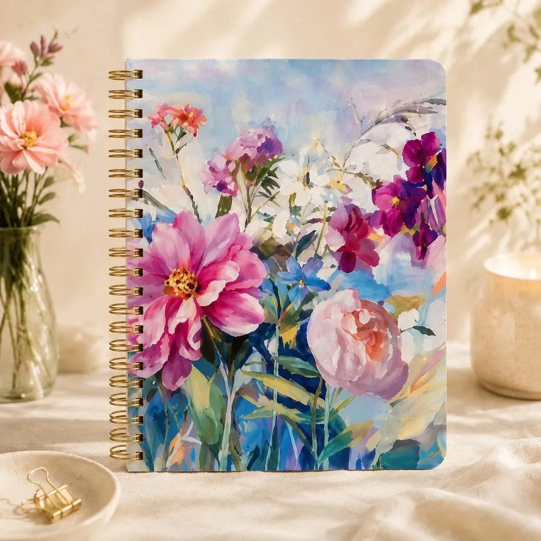 Spiral notebook with painterly pink cosmos and wildflowers on a sky-blue cover