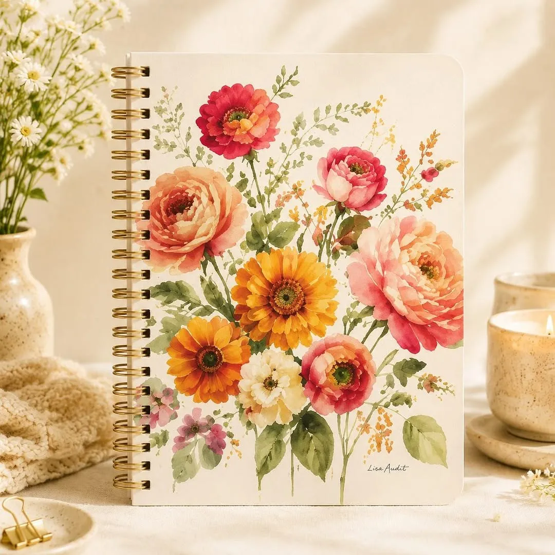 Gold spiral notebook with watercolour roses and zinnias on a cream cover