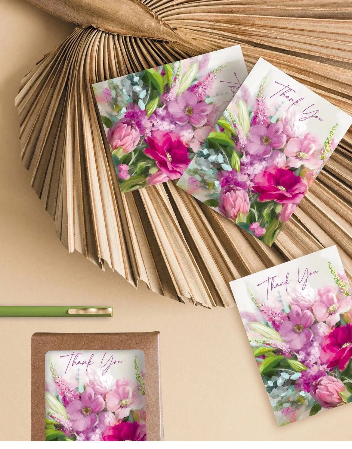 Boxed thank-you notecards with painterly pink florals