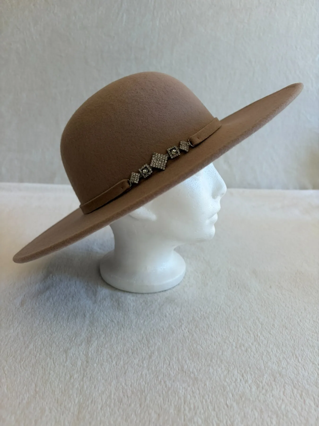 A beige and tan felt dome hat from Hats by Cherish, number 620